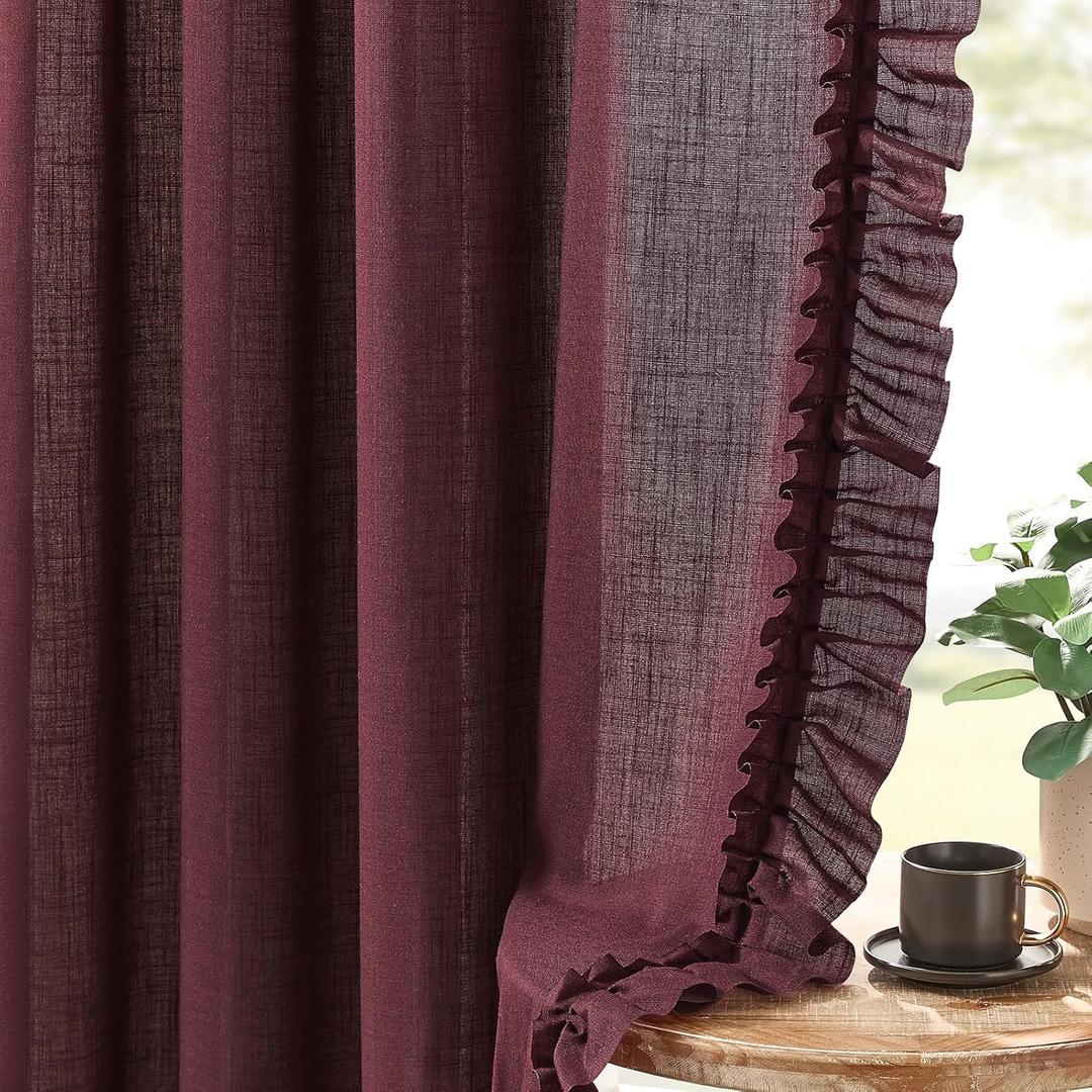 Burgundy Ruffle Linen Curtains 72 Inch Length, 2 Panels, W58 x L72 In, Linen Textured Boho Farmhouse Ruffled Curtains for Living Room Rod Pocket Privacy Light Filtering Semi-Sheer Autumn Flowy Curtain