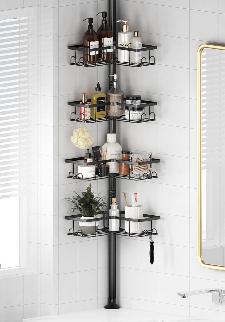 Corner Shower Caddy Tension Pole, 4-Tier Stainless Steel Rustproof Bathroom Shower Organizer47-114Inch Height Adjustable Shower Shelves, No-Drill Required Black