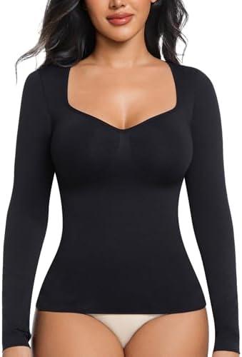 ONEW Shapewear Tummy Control Long Sleeve Shirts For Women Seamless V Neck Compression Shirt Slimming Body Shaper, L