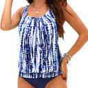 Yonique Womens Blouson Tankini Top No Bottom Loose Fit Swim Top Modest Tank Top (Large, Tie Dye and Navy Blue)