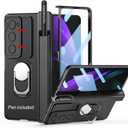 Compatible with Samsung Galaxy Z Fold 2 Case Heavy Duty Protective, Camera Lens Cover, Capacitance Pen & Pen Holder & Hinge Protection, Screen Protector, Metal Ring Stand Cover 5G 2020, Black