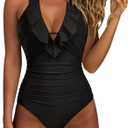 SUUKSESS Women Sexy Halter One Piece Swimsuits Ruffle Tummy Control Bathing Suit (Large, #1 Black)