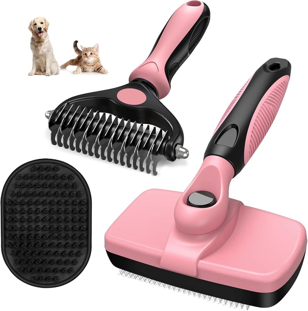 3PCS Self Cleaning Slicker Brush & Pet Grooming Rake & Bath Brush for Dogs, Cats and Horses | Double-Sided Dematting Comb & Skin Friendly Deshedding Grooming Tool | Pet Supplies (Light Pink Black)