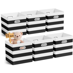 6 Pcs 11 Inch Fabric Storage Cubes with Metal Handle Back to School Classroom Supplies Black and White Striped Style Collapsible Bins Organizer for School Nursery Shelves Clothes Gift