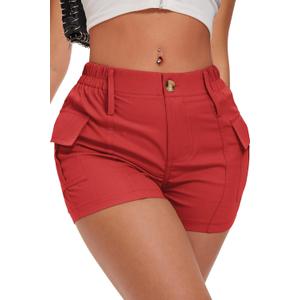 ELLEVEN Women's Y2K Mini Cargo Shorts with Pockets Stylish Sexy Summer Streetwear (Red, S)