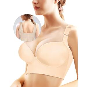 Women's Push Up Bra, Full-Coverage Underwire Bra,Hide Back Fat Deep Cup Bra, Smoothing T-Shirt Bra, Sculpting Uplift Bra ((38) DD, Nude)