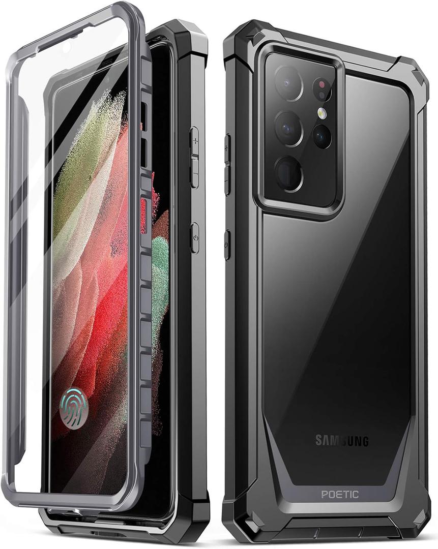 Poetic Guardian Case [6FT Mil-Grade Drop Tested] Designed for with Samsung Galaxy S21 Ultra 5G 6.8", Built-in Screen Protector Work with Fingerprint ID, Full Body Shockproof Case, Black/Clear
