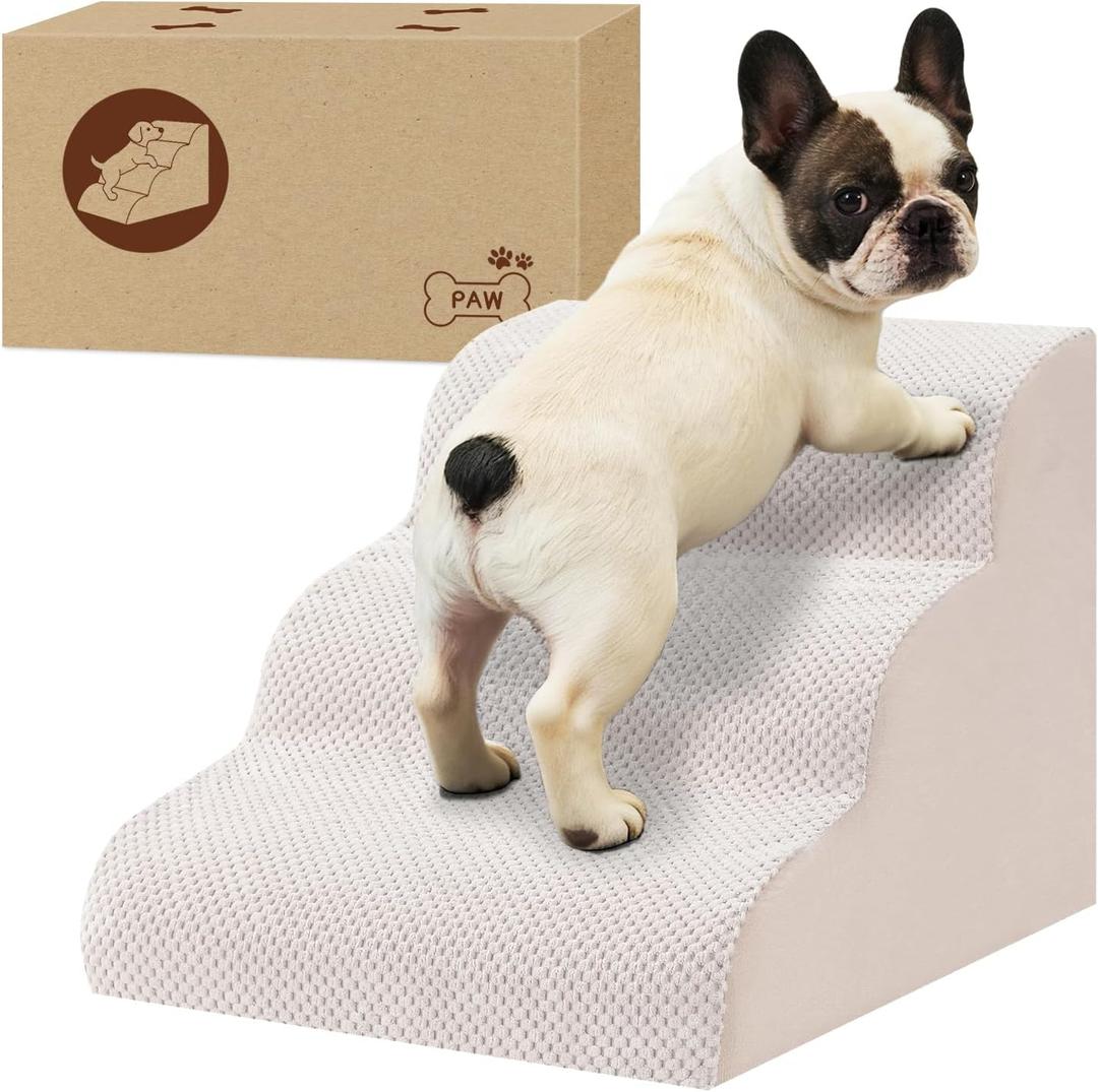 Dog Stairs Ramp for Small Dogs and Cats,13.8'' H 3-Step Pet Stairs for Sofa Chair Counch, Non-Slip Foam Pet Steps with Soft Surface,Beige