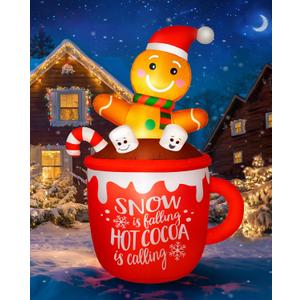 6FT Christmas Inflatables Decoration Outdoor, Cute Gingerbread Man in Hot Cocoa Mug Christmas Blow Up Yard Decoration Blowups Build-in LED Light for Holiday Party Xmas New Year