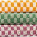 Checkered Bath Towels Set of 3, 100% Cotton Bath Towels Large, 600GSM, 55 * 28 in, Luxury Shower Towels for Bathroom, Soft Absorbent Quick-DryOrange+Dark Green+Pink