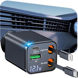 [Apple MFi Certified] Retractable Car Charger USB C, Rombica 120W USB C Car Charger 4 in 1 PD/QC Type C Fast Charging Cigarette Lighter Adapter for iPhone 17/17 Pro/16/15/14/13/12/Galaxy S26/S25/Pixel