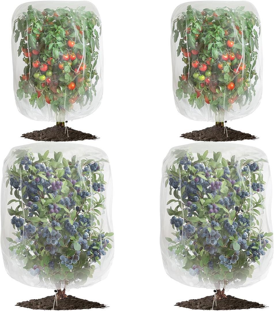 4 Pack Garden Mesh Netting for Plants 2.6x3.3ft - 3.3x4.9ft Insect Bird Netting Pest Barrier Bag with Drawstring 2 Size Fruits Tree Blueberry Bush Netting Cover Bag Protection for Vegetables Tomato (Clear)