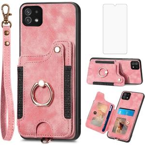 Asuwish Phone Case for Samsung Galaxy A22 5G Wallet Cover with Tempered Glass Screen Protector Wrist Strap Lanyard RFID Credit Card Holder Ring Stand Cell Accessories A 22 22A A22s G5 Women Men Pink