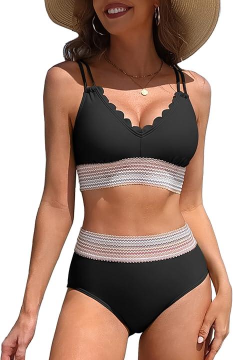 Charmo Women High Waisted Bikini Sets Tummy Control Swimsuits Scalloped Color Block Two Piece Bathing Suit Black L