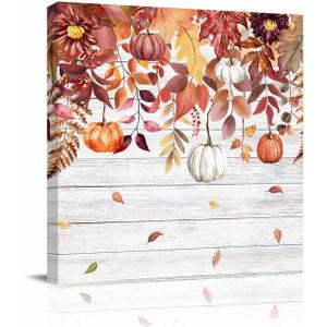 Orange Brown Eucalyptus Leaves Pumpkins Fall Canvas Wall Art Autumn Thanksgiving Watercolor Leaf Vintage Wood Grain Framed Modern Wall Decor Gallery Canvas Wraps Giclee Print Ready to Hang 12" x 12"