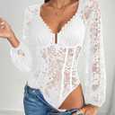 SweatyRocks Women's Lace Long Sleeve Corset Bodysuit Tops Sheer Mesh V neck Jumpsuit White A, Medium