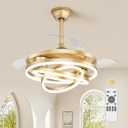 LEDIARY 42 Inch Retractable Ceiling Fan with Lights, Fandelier Ceiling Fan with 6 Speeds,3000K-6000K Adjustable,and DC Motor,Chandelier Ceiling Fans with Lights and Remote for Bedroom Living Room,Gold