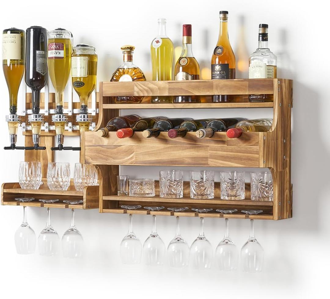 Wood Wine Rack Wall Mounted, Liquor Bottle Display Shelf for The Home Bar,Wine and Liquor Wall Rack with Glass Holder,Rustic Bar Shelves with 4-Bottle Whiskey Liquor Dispenser