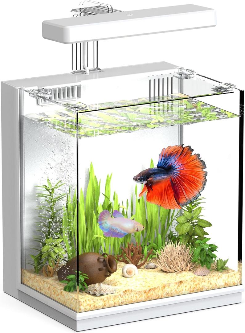 2-Gallon All-in-One Fish Tank  Silent Pump, 3-Stage Filtration & Easy Water Change, Perfect Self-Care Betta Aquarium Kit for Kids & Beginners (White