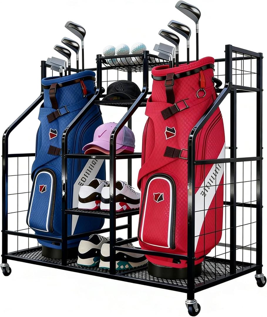 Golf Bag Storage Organizer Stand with Wheels - Heavy Duty Steel Rack Holds 2 Golf Bags with Central Storage Shelf for Golf Balls, Shoes & Accessories, Space Saving Garage Golf Club Equipment Holder