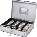 Flexzion Cash Box with Money Tray and Lock - Metal Cash Box for Small Businesses, 9-Compartment Silver Money Box with Removable Tray and Key, Portable Storage for Checks and Coins
