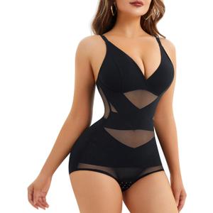 REYEOGO V Neck Bra Bodysuit Shapewear for Women Tummy Control Waist Trainer Full Body Shaper Butt Lifter Briefs Jumpsuit Tops (X-Large, Black)