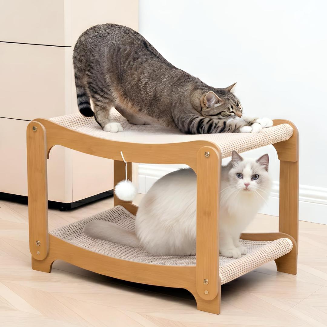 AIXINPET Two-Level Sisal Cat Scratcher Bed - Sturdy Cat Scratching Post with Scratch Pad&Hammock Bed, Comfortable Cats Bed for Indoor Kittens&Adult Cats -Sturdy Wooden Frame,Protect Furniture