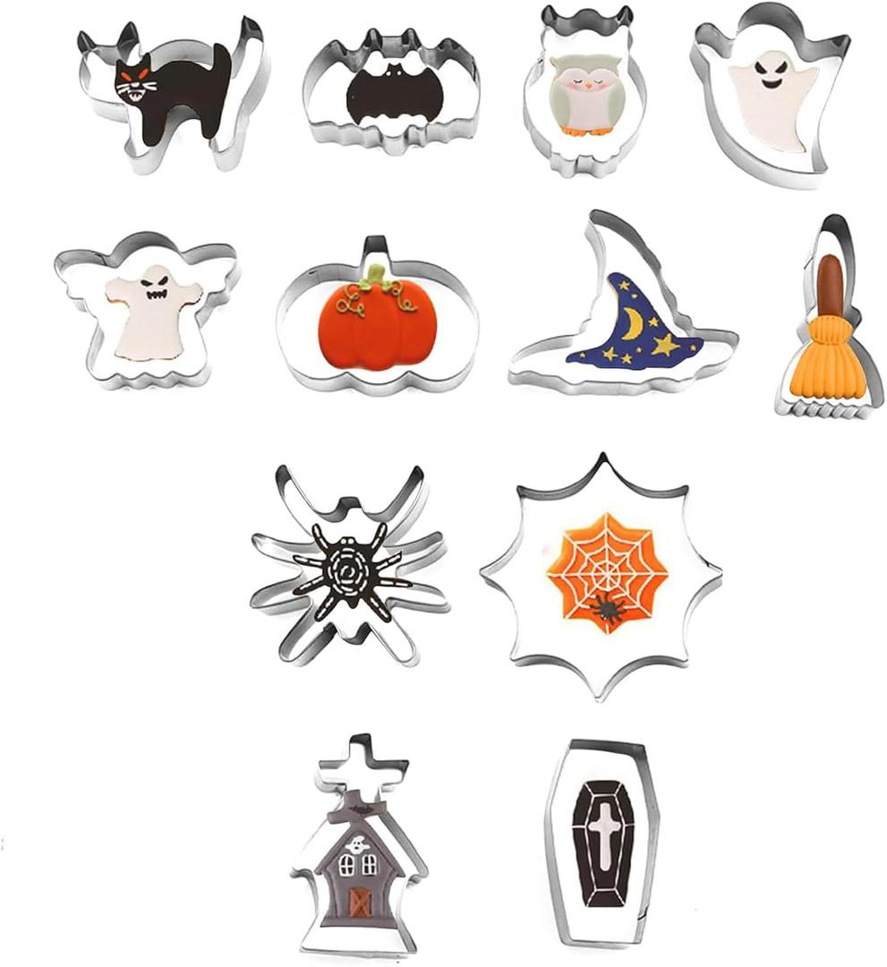 Halloween Cookie Cutters 12 Sets Large, Witch's Hat, Pumpkin, Ghost, Bat,Cat, Skull, Ghost Spider Broom And More for Stainless Steel Cutter Halloween Food Party Decorations
