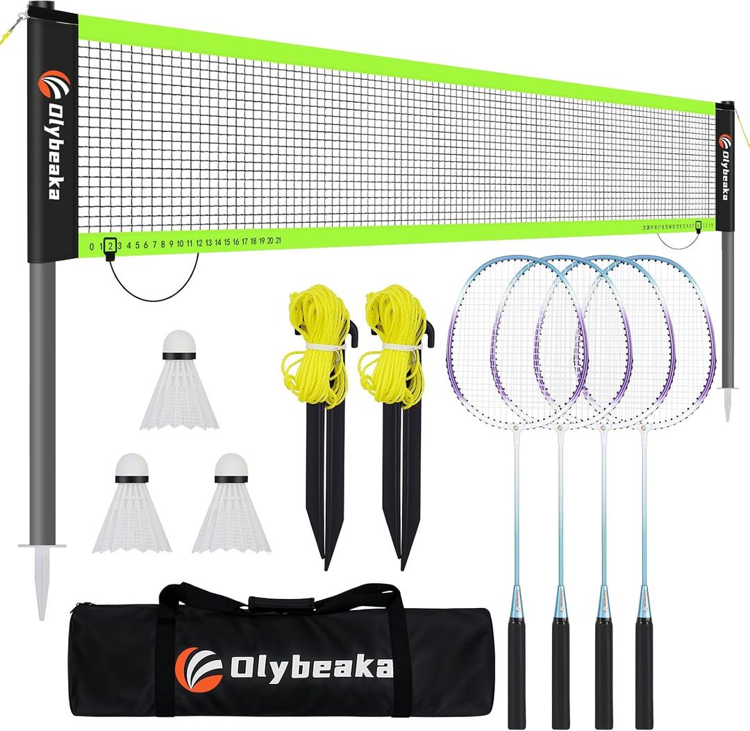 20ft Portable Outdoor Badminton Net Set for Driveway Backyard, Beach, Park with Durable Anti-Sag PE Net, Heavy Duty Steel Poles, 4 Badminton Rackets, 3 Shuttlecocks and 600D Carry Bag
