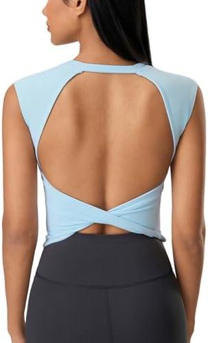 ABOCIW Women Twist Back Workout Top with Built in Bra Cap Sleeve Pilates Yoga Crop Top Athletic Gym Shirt, S