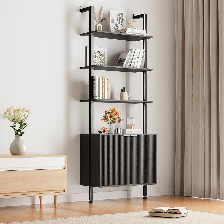 INNOD 74" Tall Bookshelf with Storage Cabinet, Modern Ladder Shelf with Wood and Metal Frame, Wall Mount Bookcase Open Display Shelf Furniture for Living Room, Bedroom, Home Office, Black