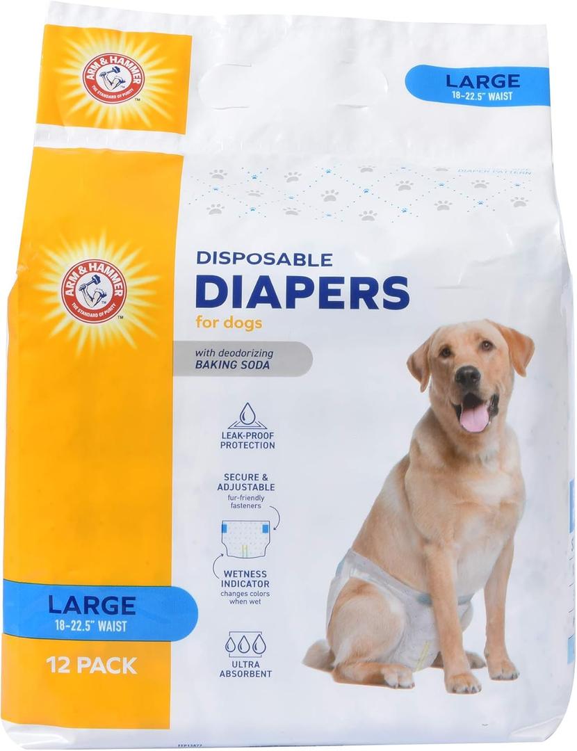 Arm & Hammer for Pets Disposable Female Dog Diapers with Odor Control and Wetness Indicator, Leak Resistant Dog Diapers for Incontinence and Heat Cycles, Size Large 1823 in Waist, 12 Count