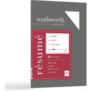 Southworth R14CF 100% Cotton Resume Paper White 24 lbs. Wove 8-1/2 x 11, 100/Box