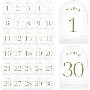 Table Numbers for Wedding Reception - Transparent Acrylic with Gold Writing, (Set of 1-30) Elegant Table Number Holders
