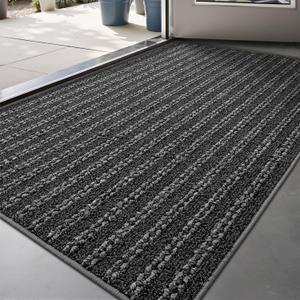 LUMI Ultra Thin Door Mat Indoor Entrance, Washable Entryway Mat with Non Slip Rubber Backing, Stain&Fade Resistant Doormat for Floor, Hallway, Porch, 24"x36", Grey Line