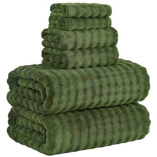 KBY Bath Towels Set 6 Piece 40x80 Inches，2 Extra Large Bath Sheets 2 Hand Towels 2 Washcloths，Highly Absorbent Quick Dry Microfiber,Ultra Soft Towel Set for Bathroom，Spa，Gym, Hotel (Olive Green)