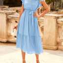 BTFBM Women Summer Bohemian Floral Casual Wrap V Neck Ruffle Cap Sleeveless Belt A-Line Pleated Hem Midi Sun Dress White (Blue, M)