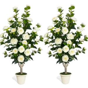 2 Pack Artificial Camellia Tree 43" Fake Tree with 36 Blooming Flowers; 3.6FT Faux Tall Camellia Plants in White Pot,Greenery Potted Plant for Indoor & Outdoor Home Office Porch Decor (White)