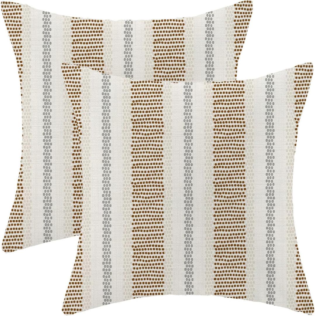 AEIOAE Brown Grey Gray Outdoor Pillow Covers 22 x 22 Inch, Beige Polka Dots Stripe Decor Throw Pillows for Couch Bed, Boho Modern Farmhouse Decorative Pillowcase Linen Cushion Cover Set of 2