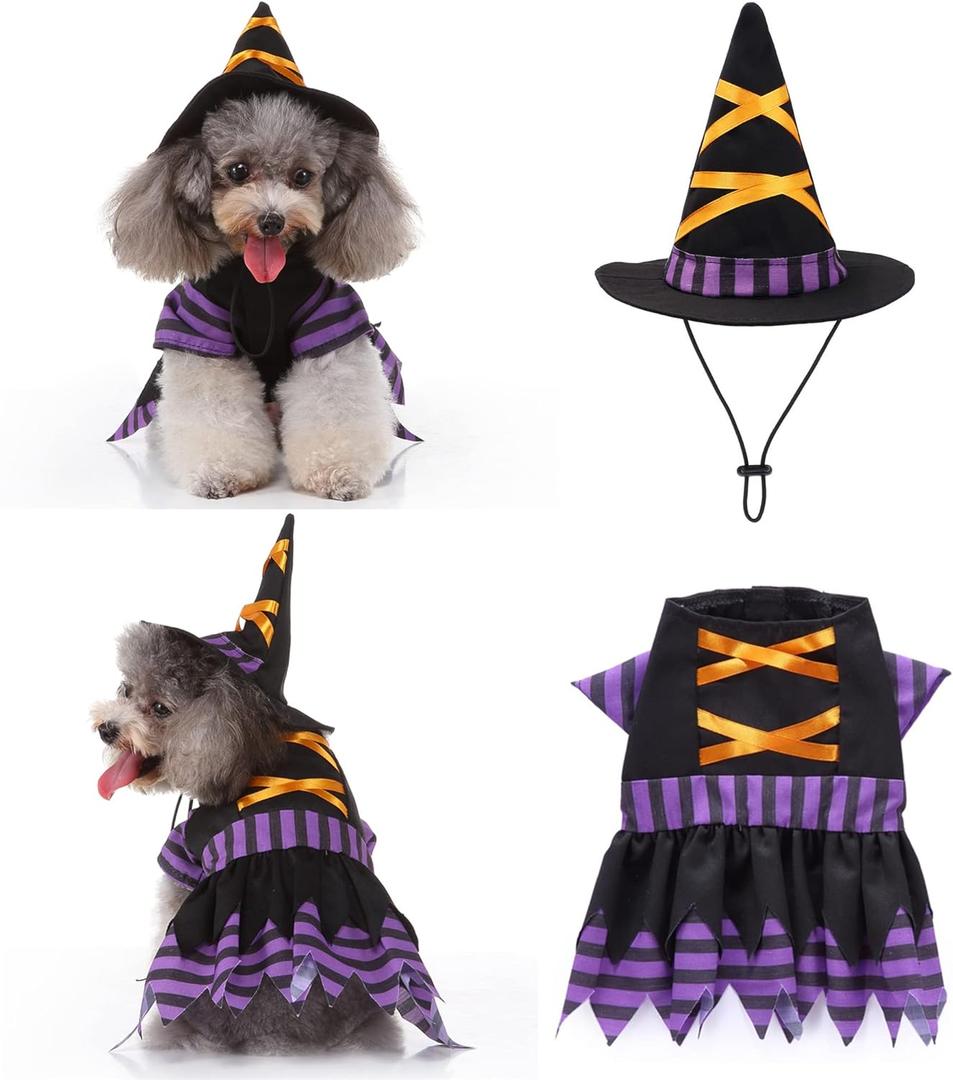 Yoption Dog Cat Witch Dress Costumes with Magic Hat, Pet Halloween Christmas Cosplay Hoodie Funny Outfits Clothes for Puppy Dogs (S)