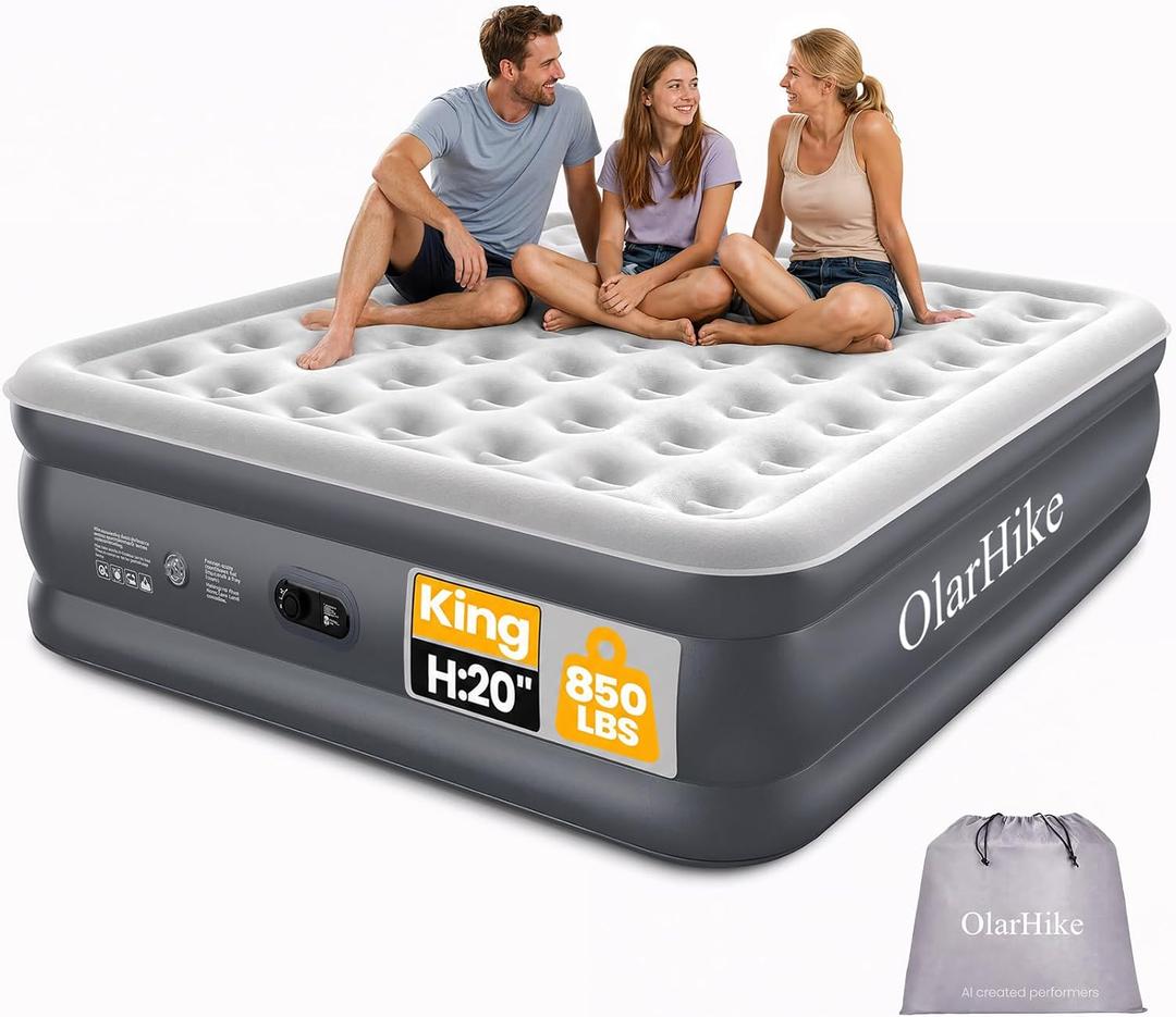 OlarHike 20"H King Air Mattress with Built in Pump,Inflatable Bed, 850lb
Firm Coil-Beam Support,Blow Up Mattress for Home, Family-Size Comfort, Waterproof, Flocked Top, Family Choice Award Winner