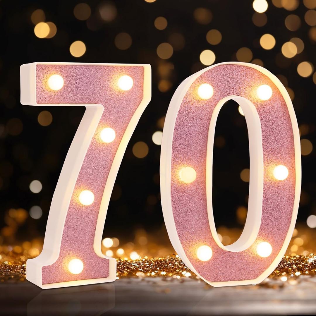 Led Light Up Numbers, 70th Birthday Decorations, Marquee Numbers Lights, Battery Powered Light Up Sign for 30 Decor Party (Pink Glitter)