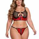 ohyeah 2 Piece PU Leather Lingerie Bra and Panty Set for Women Sexy Underwire Cutout Bralette and Thong Panty Set, Rave Club Party Outfits, Black&Red, XXL