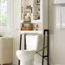 Over The Toilet Storage Cabinet with Tempered Glass Doors & Metal Stand, Over Toilet Organizer with Adjustable Shelf Space Saver Over Toilet , Tall Freestanding Shelf/Rack for Bathroom, Modern, White