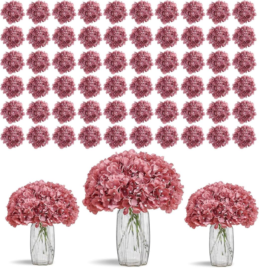 80pcs Dusty Rose Hydrangea Artificial Flowers Silk Hydrangea Heads with Stems Hydrangea Flowers for DIY Wedding Centerpiece Baby Shower Home Party Decor