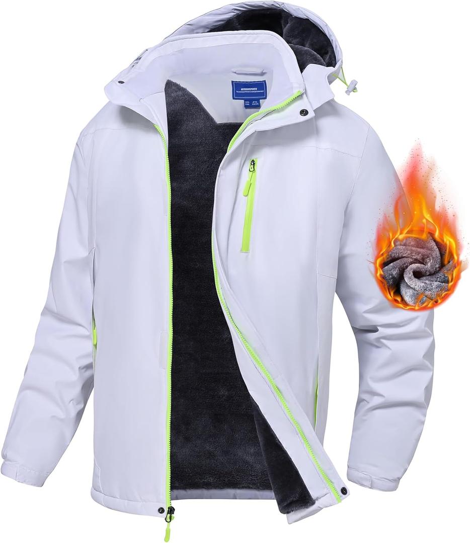 Men's Mountain Ski Jacket Waterproof Fleece Liner Snow Coat Warm Winter Windproof Hooded Raincoat (White)