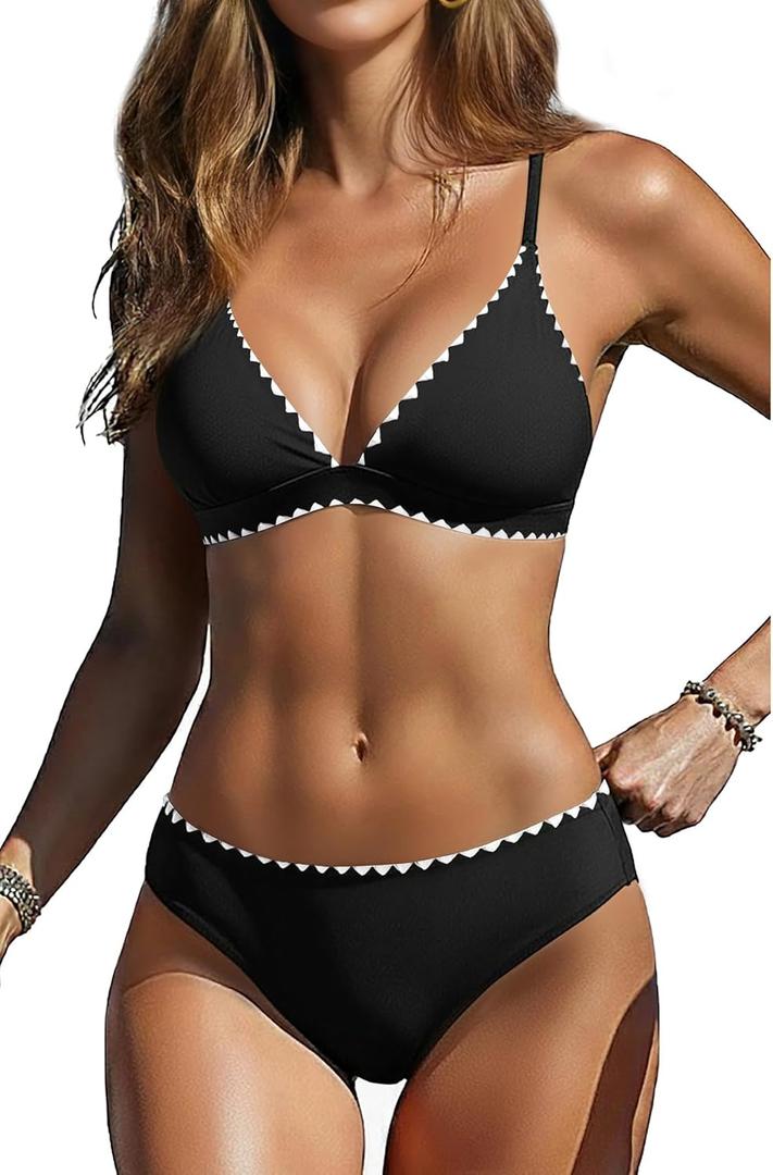 Yonique Womens Push Up Bikini Set - Two Piece Swimsuit V Neck Crisscross Back Bathing Suit 2025 Swimwear (Small, Trim Black)