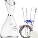 Nano Ionic Face Steamer - Warm Mist Humidifier for Deep Facial Cleansing - 4 Piece Stainless Steel Skin Kit, Hair Band, Wash Face Sponge