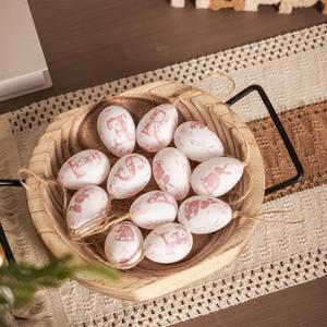 WDS WONDROUS 12-Piece Easter Hanging Ornaments Set, Plastic Bunny & Letter Eggs with Pink Vintage Pattern, Spring Home Decor for Wall Door Tree Table, Easter Party Supplies Gift (Pink and White)