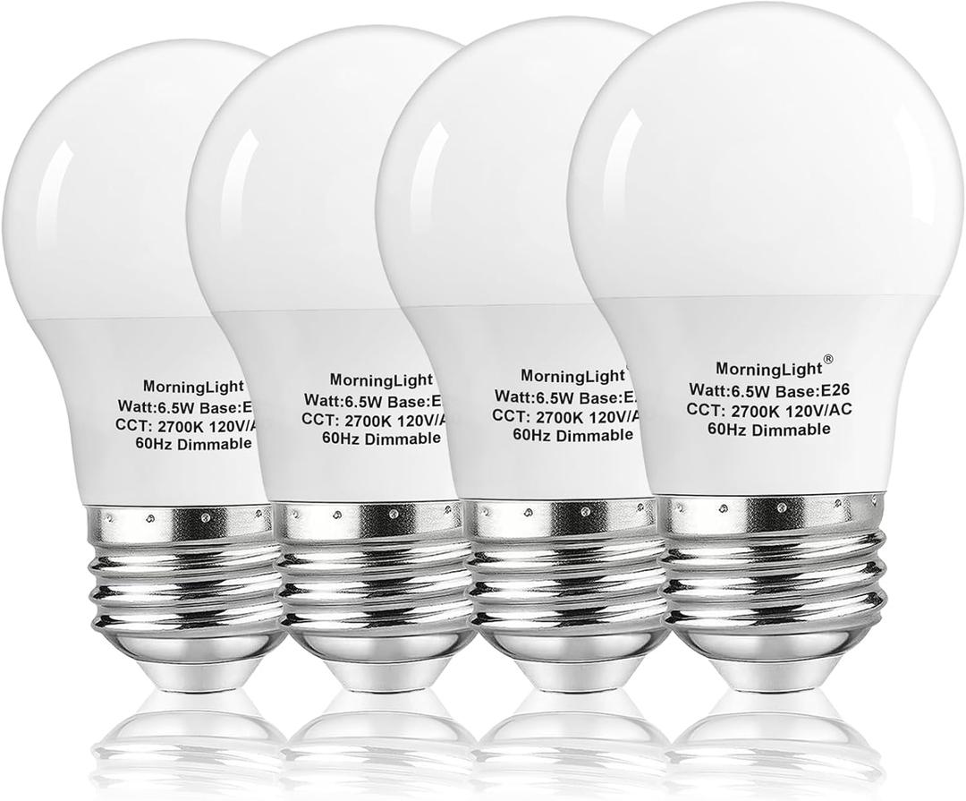 MorningLight A15 Ceiling Fan Light Bulb 60 Watt Equivalent, 6.5W Dimmable LED Light Bulbs, 2700K Warm White, E26 Base, 4 Pack A15 LED Light Bulbs 60W for Pendant, Hallway Fixtures, 600LM